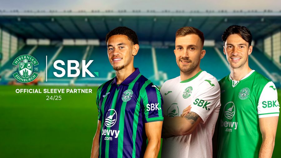 Hibernian FC x SBK official sleeve partner announcement showing players in Hibs kit with SBK branding