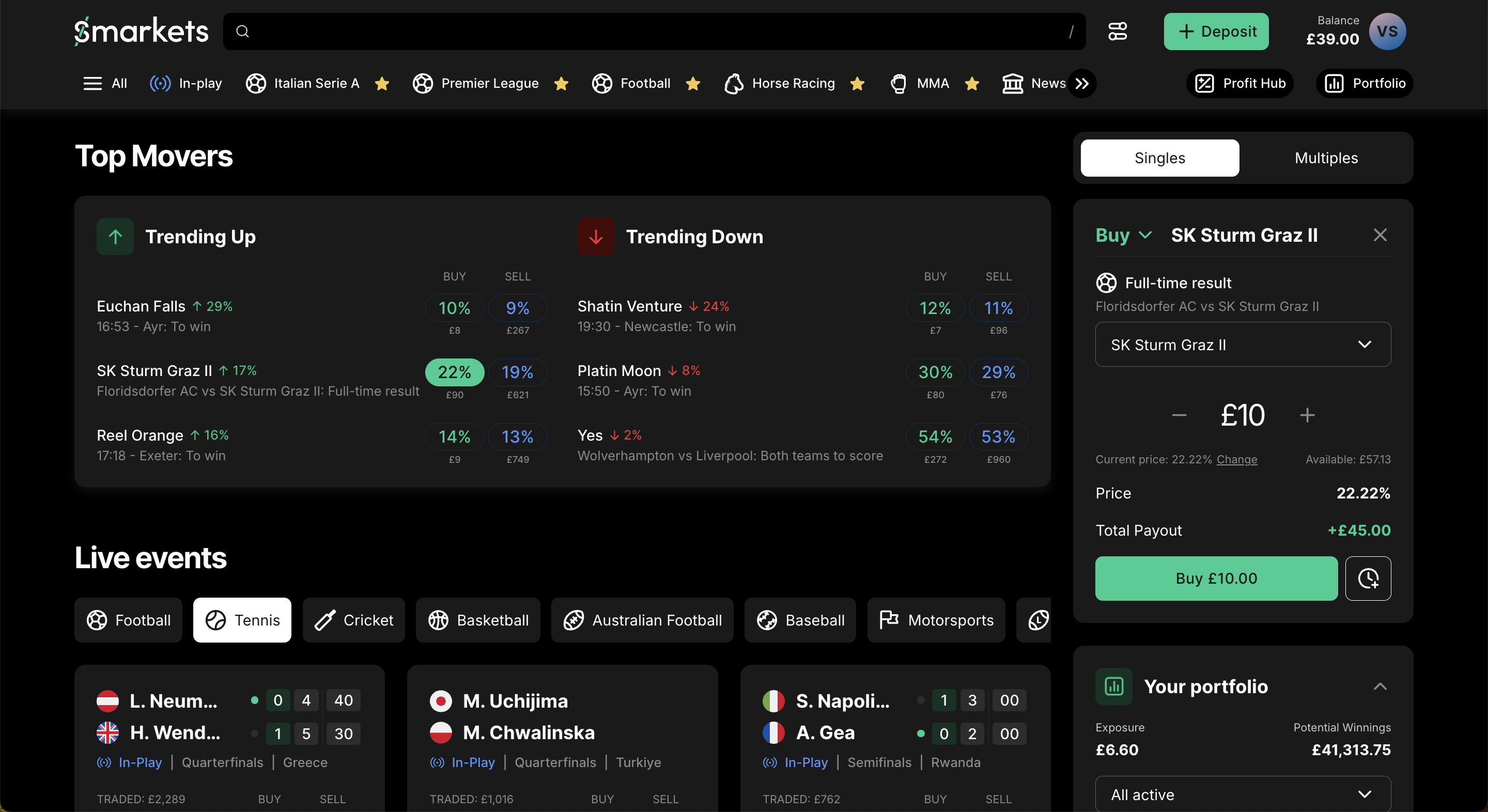 Smarkets - live markets with order book